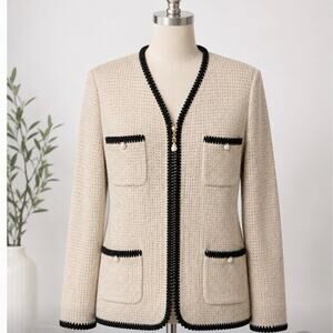 St. John Collection Marie Gray Knit Jacket Blazer Beige Black Size 10 USA